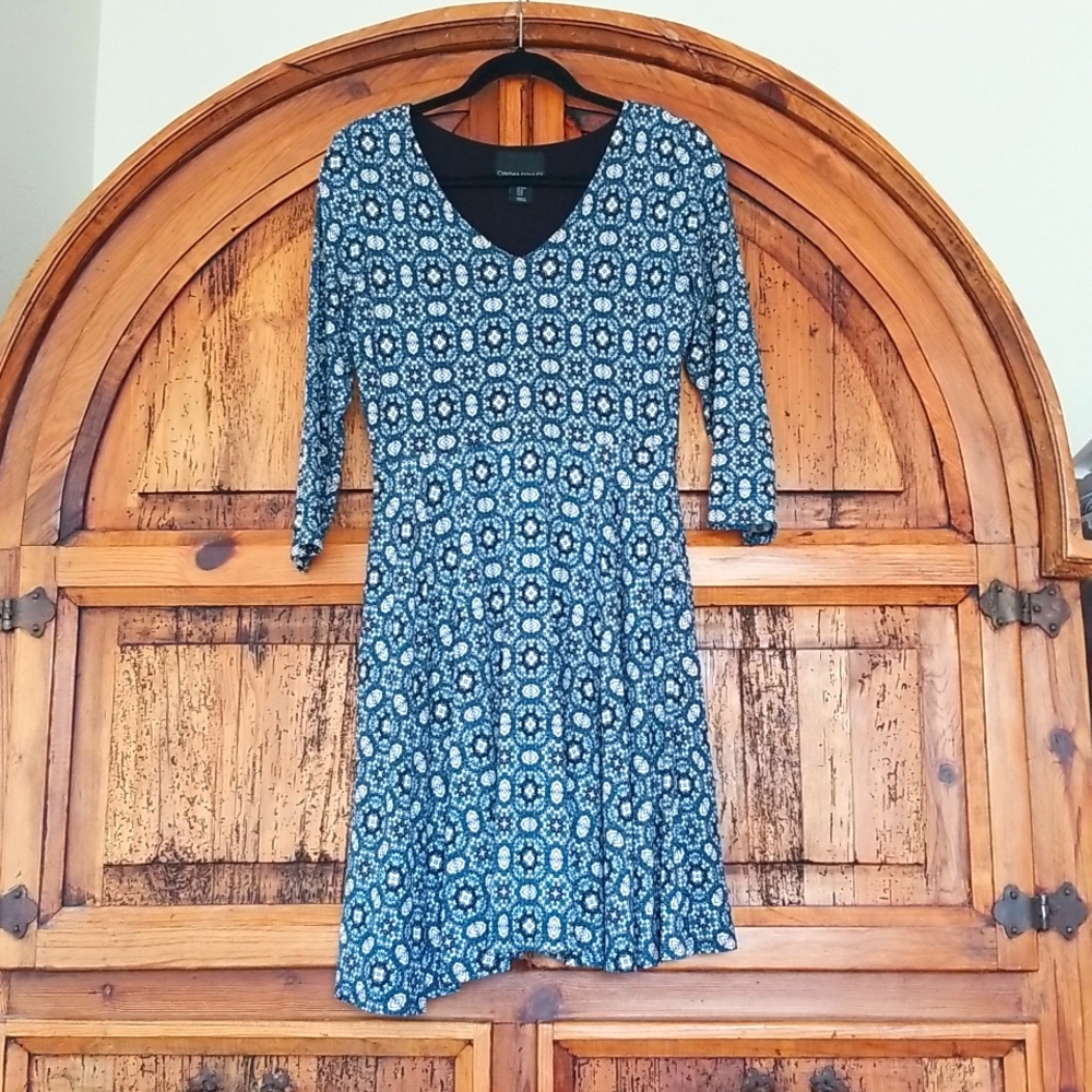 Cynthia Rowley Geometric Floral A Line Dress Blue Modern Abstract V Neck